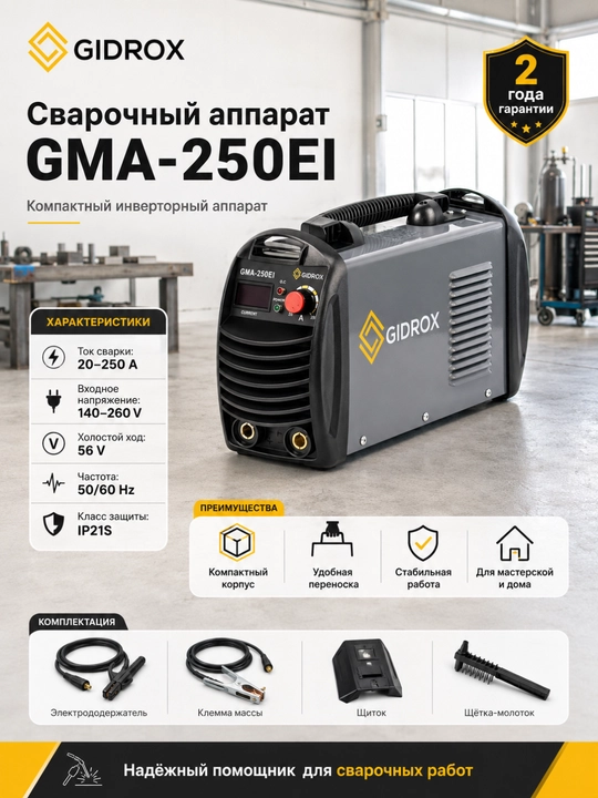 Сварочный инвертор GIDROX GMA-250EI, 20–250 А, 140–260 В, гарантия 2 года - 