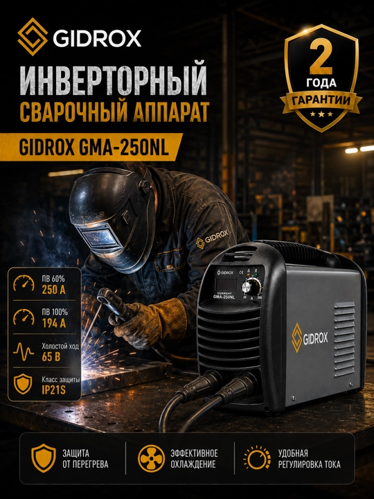 Сварочный инвертор GIDROX GMA-250NL, 20–250 А, 140–260 В, гарантия 2 года