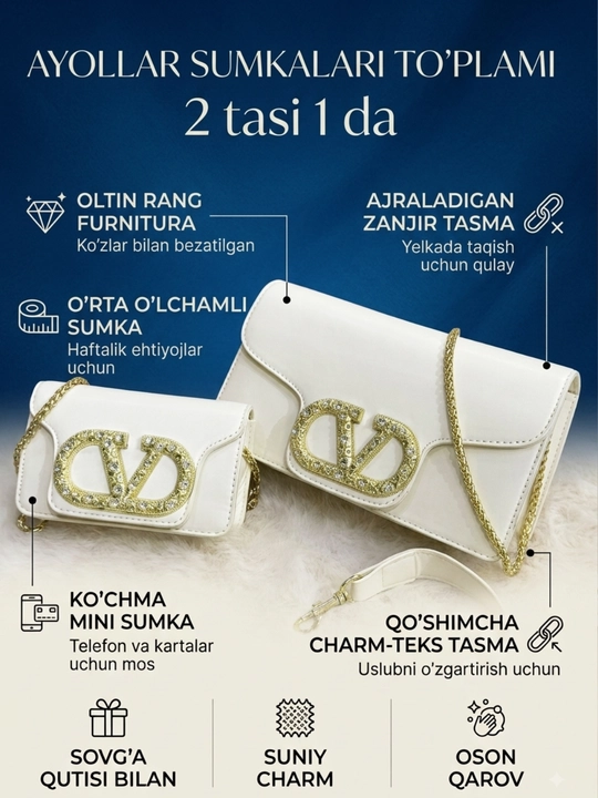 Ayollar sumkasi va klatchi, 2 tasi 1 da to‘plam, zanjirli yelka sumkasi - 