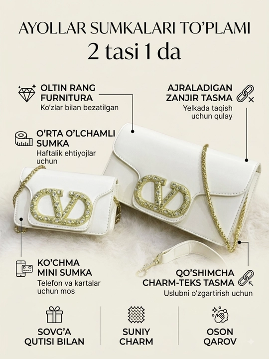 Ayollar sumkasi va klatchi, 2 tasi 1 da to‘plam, zanjirli yelka sumkasi