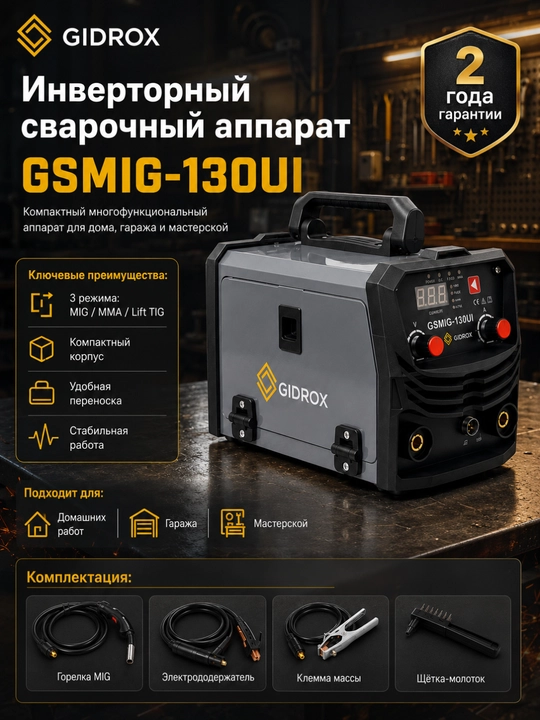 Сварочный инвертор GIDROX GSMIG-130UI, MIG/MMA/Lift TIG, 130 А, гарантия 2 года