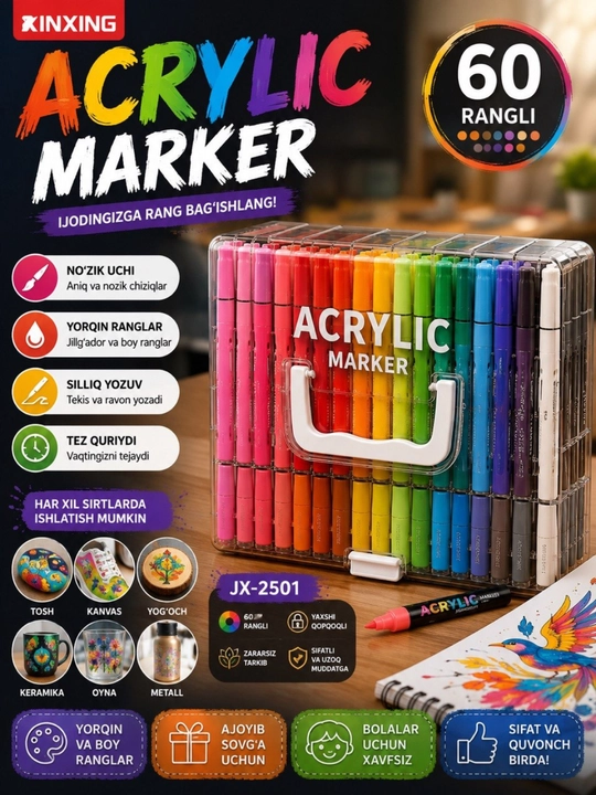 Rangli akril markerlar - yorqin, tez quriydigan, suvga asoslangan markerlar - 