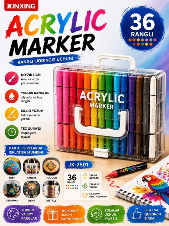 Rangli akril markerlar - yorqin, tez quriydigan, suvga asoslangan markerlar - 