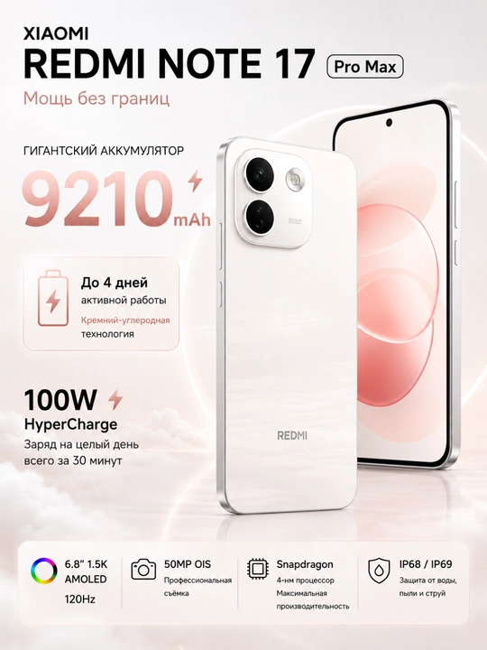 Xiaomi Redmi Note 17 Pro Max, 9210 мАч, 100 Вт, AMOLED 120 Гц, камера 50 МП OIS - 