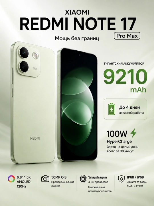 Xiaomi Redmi Note 17 Pro Max, 9210 мАч, 100 Вт, AMOLED 120 Гц, камера 50 МП OIS - 