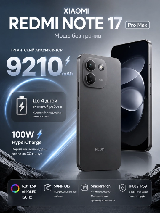 Xiaomi Redmi Note 17 Pro Max, 9210 мАч, 100 Вт, AMOLED 120 Гц, камера 50 МП OIS - 