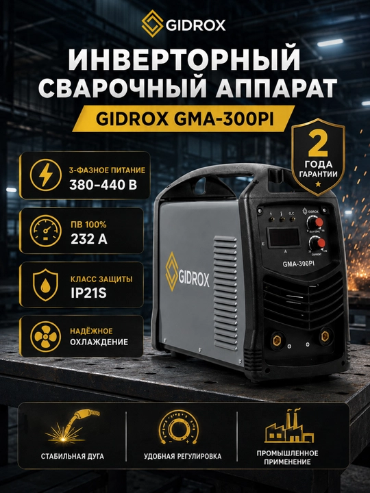 GIDROX GMA-300PI invertorli payvandlash apparati, 30–300 A, 380–440 V, 2 yil