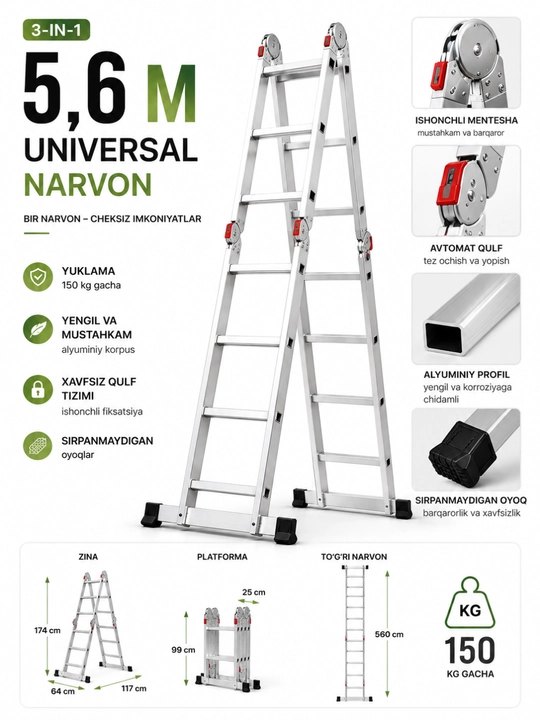 Narvon transformeri alyuminiy, buklanadigan ko'p funksiyali universal narvon, 150 kg gacha