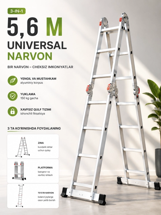 Narvon transformeri alyuminiy, buklanadigan ko'p funksiyali universal narvon, 150 kg gacha