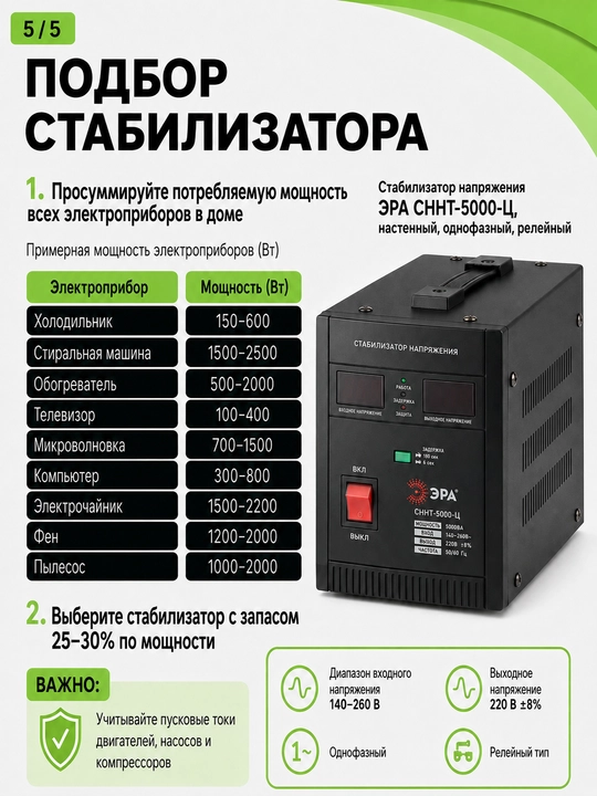 Kuchlanish stabilizatori ERA SNNT-5000-C 5000VA, 140–260 V, devorga o'rnatiladigan, 220 V