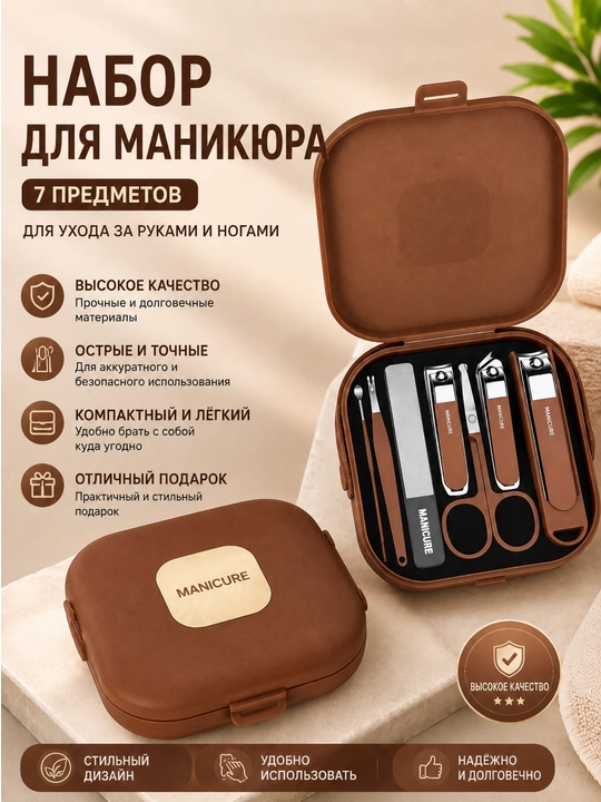 Маникюрный набор 7 предметов для ухода за ногтями, в футляре