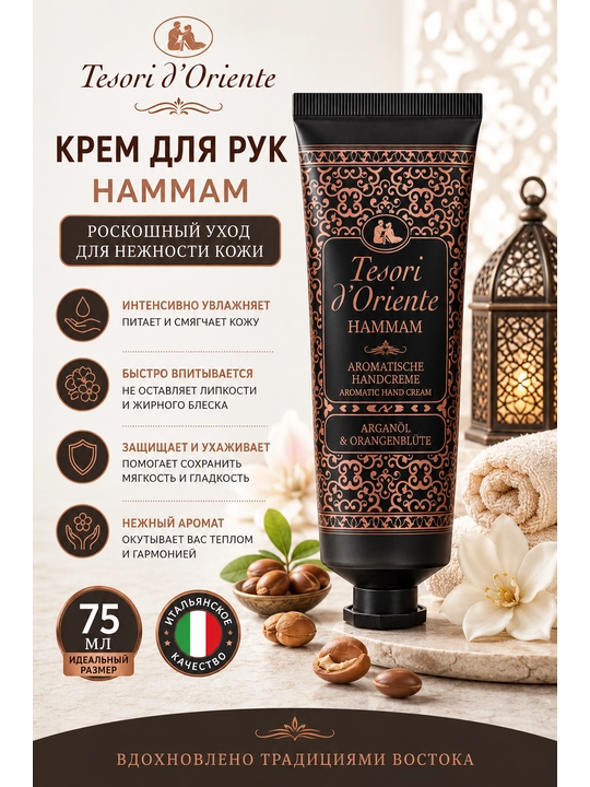 Крем для рук Tesori D'Oriente Mani Hammam, с маслом арганы, 75 мл - 