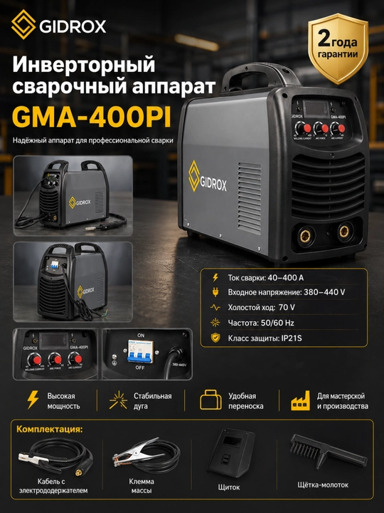 Инверторный сварочный аппарат GIDROX GMA-400PI, 40–400 А, 380–440 В - 