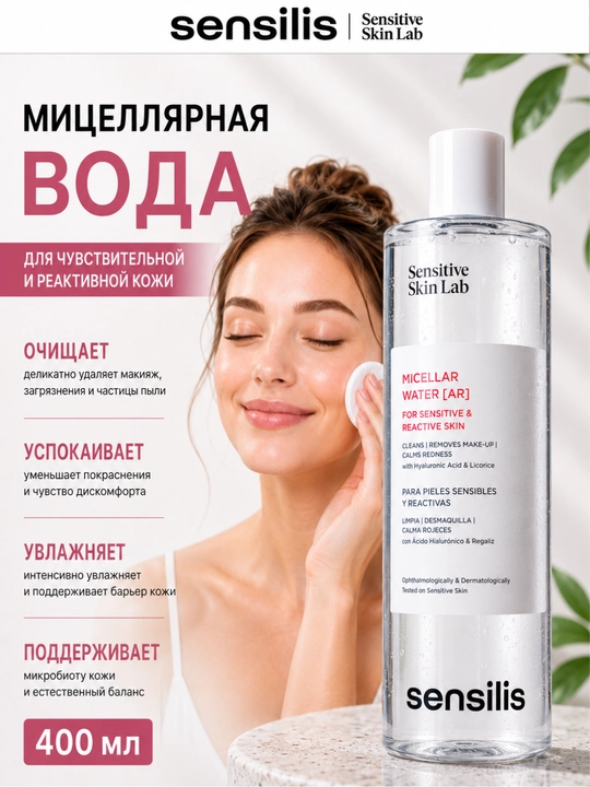 Мицеллярная вода для лица Sensilis Micellar Water AR 400 мл, средство для снятия макияжа - 