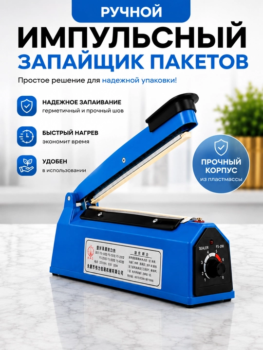 Импульсный запайщик пакетов ручной 20/30/40 см, аппарат для запайки и упаковки дазмол - 