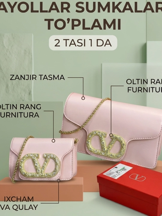 Ayollar sumkasi va klatchi, 2 tasi 1 da to‘plam, zanjirli yelka sumkasi - 