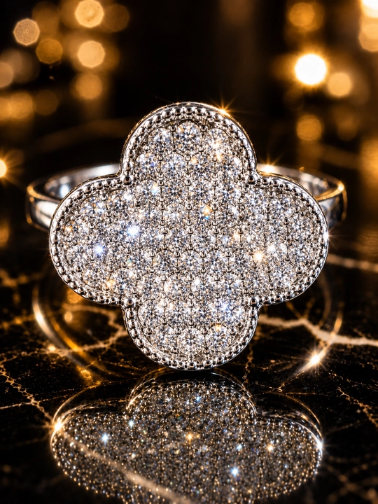 Кольцо женское, Van Cleef, клевер с фианитами, без размера, регулируемое