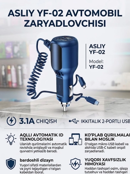 Ikki portli USB avtomobil quvvatlash qurilmasi - 