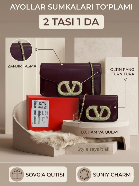 Ayollar sumkasi va klatchi, 2 tasi 1 da to‘plam, zanjirli yelka sumkasi