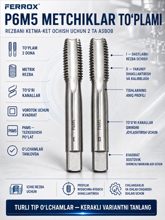 R6M5 metchiklar to‘plami, 2 dona, katta o‘lchamlar 22–45 mm