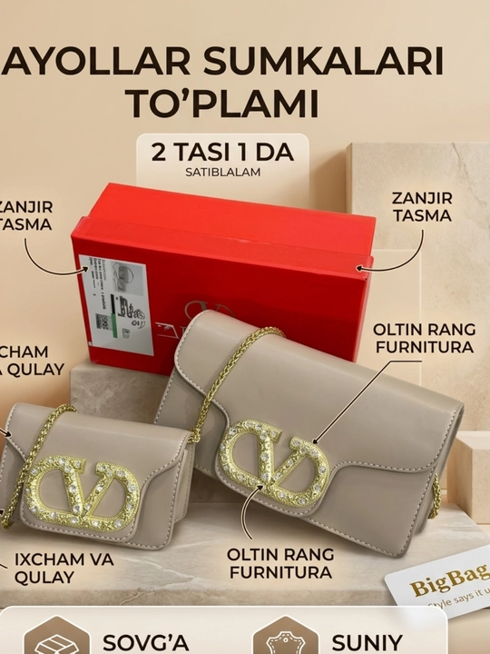 Ayollar sumkasi va klatchi, 2 tasi 1 da to‘plam, zanjirli yelka sumkasi - 