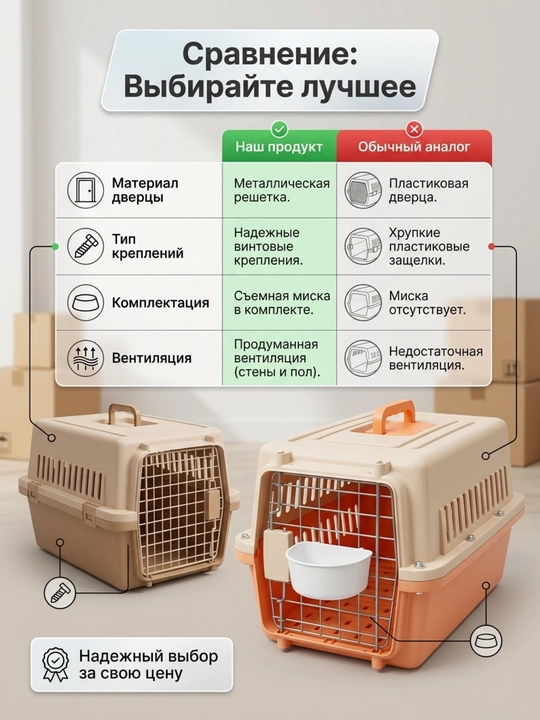 Переноска для животных, с металлической дверцей и кормушкой, 43х30х30.5 см