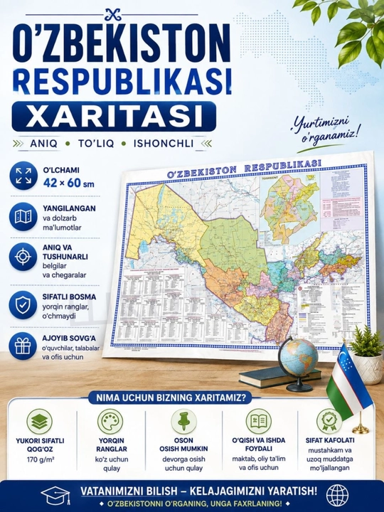 Kotta Jahon xaritasi, O‘zbekiston xaritasi, Toshkent xaritasi, Jahon atlasi kitobi