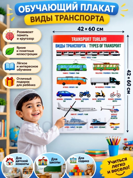Обучающий плакат для детей, азбука в картинках, цифры, карта мира, карта Узбекистана
