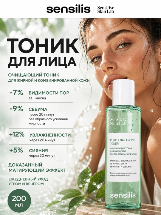 Тоник для лица Sensilis Purify Balancing Toner для жирной и комбинированной кожи, 200 мл - 