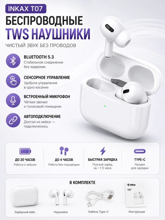 Inkax T07 simsiz Bluetooth TWS quloqchinlari, zaryadlash keysi bilan - 