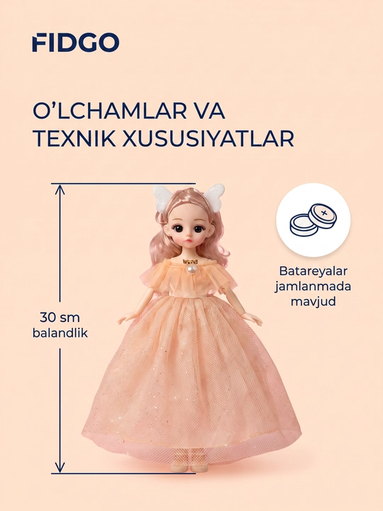 Musiqiy qo'g'irchoq qizlar uchun, chiroyli libosda, sovg'abop qutida, 30 sm