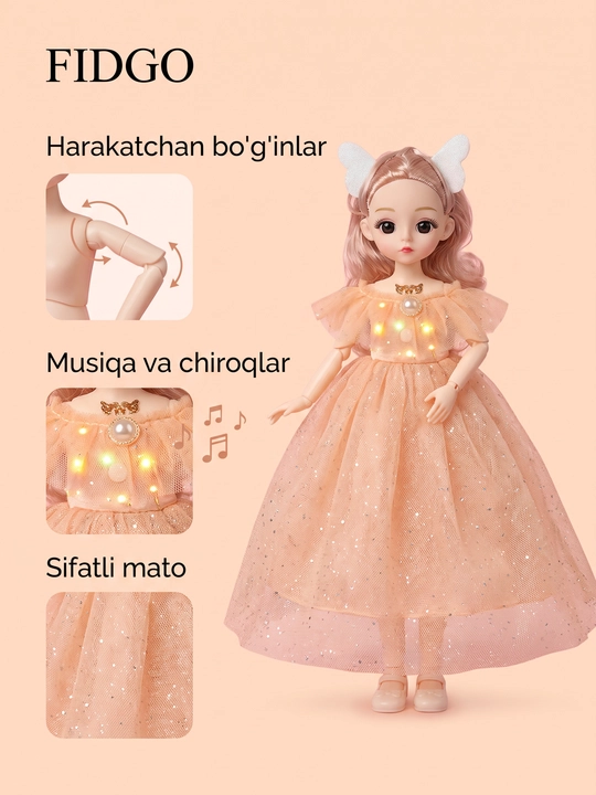 Musiqiy qo'g'irchoq qizlar uchun, chiroyli libosda, sovg'abop qutida, 30 sm