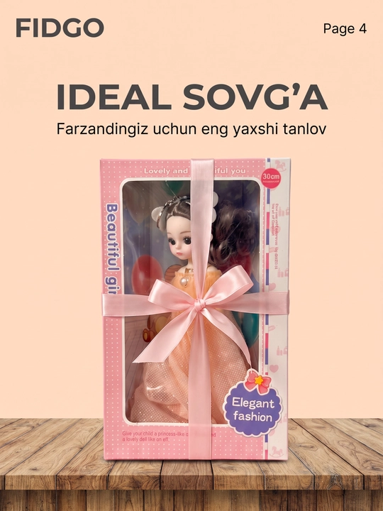 Musiqiy qo'g'irchoq qizlar uchun, chiroyli libosda, sovg'abop qutida, 30 sm