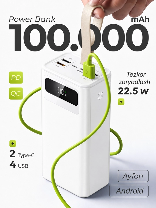 Внешний аккумулятор power bank с быстрой зарядкой, powerbank, 50000, 100000 мА/ч - 