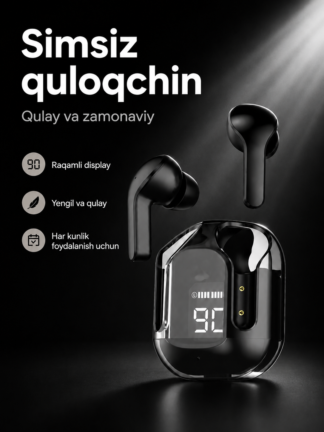 Shaffof qutili simsiz quloqchin, raqamli zaryad ko‘rsatkichi bilan