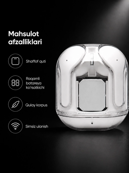 Shaffof qutili simsiz quloqchin, raqamli zaryad ko‘rsatkichi bilan