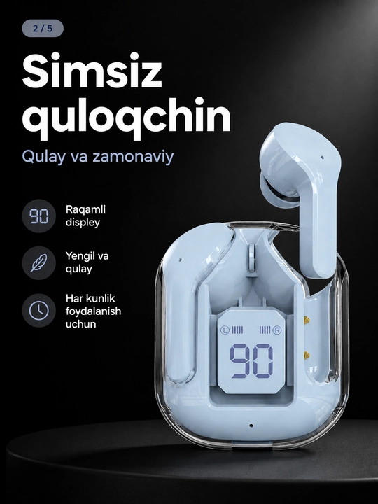Shaffof qutili simsiz quloqchin, raqamli zaryad ko‘rsatkichi bilan