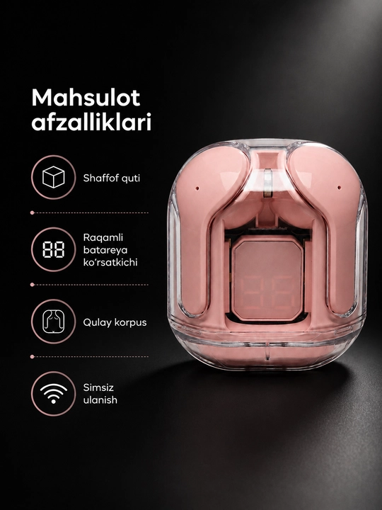 Shaffof qutili simsiz quloqchin, raqamli zaryad ko‘rsatkichi bilan