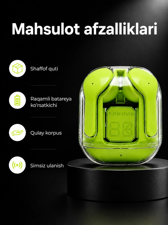 Shaffof qutili simsiz quloqchin, raqamli zaryad ko‘rsatkichi bilan