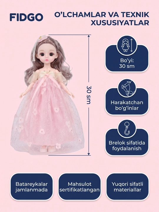 Musiqiy qo'g'irchoq qizlar uchun, chiroyli libosda, sovg'abop qutida, 30 sm