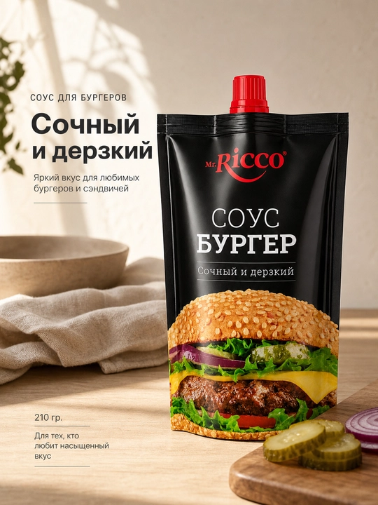 Соусы Mr.Ricco: Для бургеров, Чесночный, Грибной, Тар-Тар, Цезарь, Сырный, Терияки, 210 г