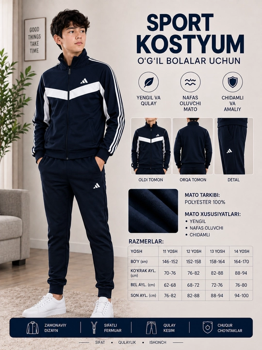 Sport kostyumi, o‘smirlar uchun, 40–48 o‘lcham, 11–15 yosh