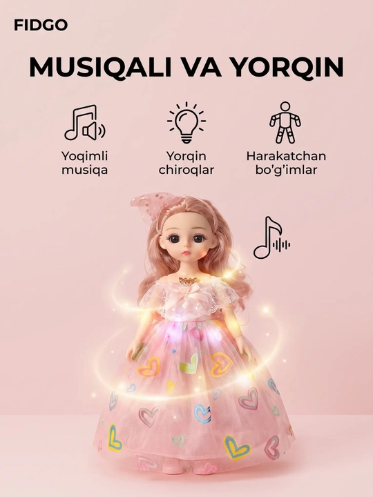 Musiqiy qo'g'irchoq qizlar uchun, chiroyli libosda, sovg'abop qutida, 30 sm