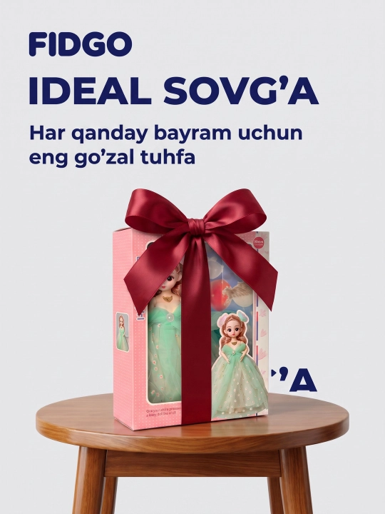 Musiqiy qo'g'irchoq qizlar uchun, chiroyli libosda, sovg'abop qutida, 30 sm