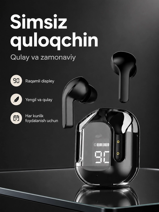 Simsiz quloqchin, shaffof zaryad qutisi, raqamli batareya ko‘rsatkichi bilan