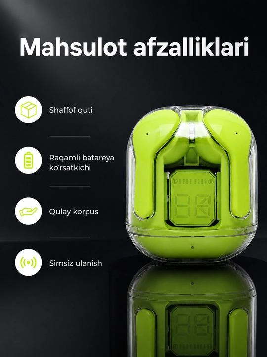 Simsiz quloqchin, shaffof zaryad qutisi, raqamli batareya ko‘rsatkichi bilan