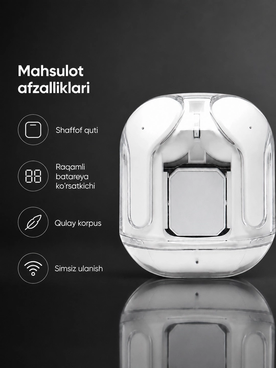 Simsiz quloqchin, shaffof zaryad qutisi, raqamli batareya ko‘rsatkichi bilan