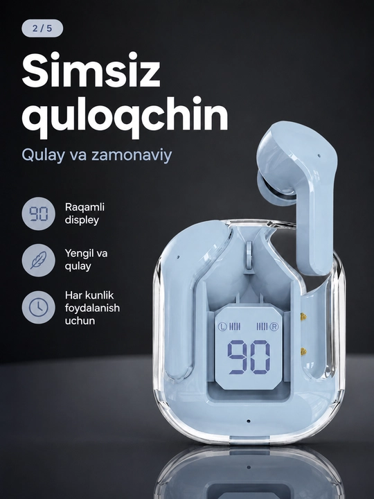 Simsiz quloqchin, shaffof zaryad qutisi, raqamli batareya ko‘rsatkichi bilan