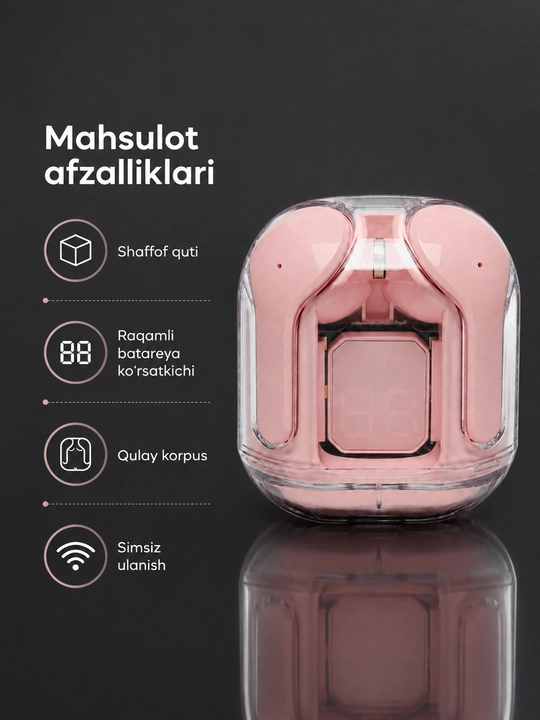 Simsiz quloqchin, shaffof zaryad qutisi, raqamli batareya ko‘rsatkichi bilan