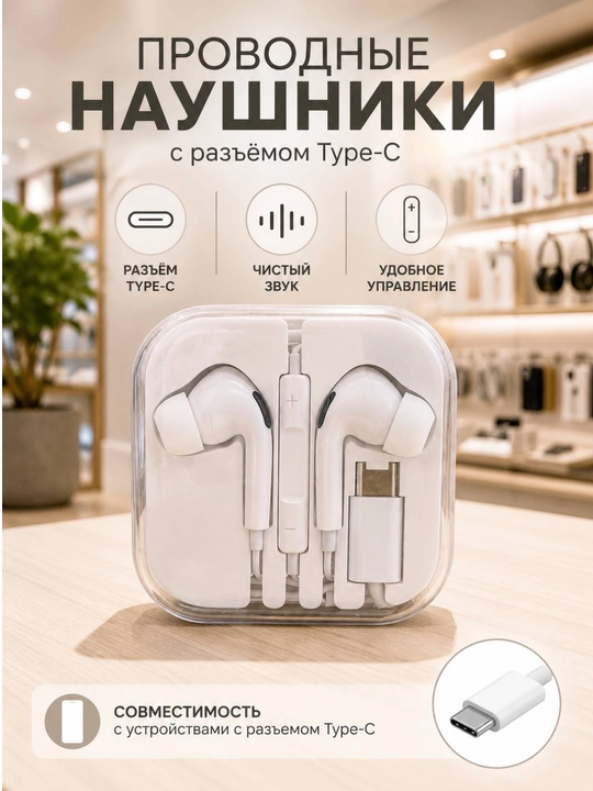 Type-C simli quloqchin, mikrofon va boshqaruv tugmachali, telefon uchun, oq rang - 